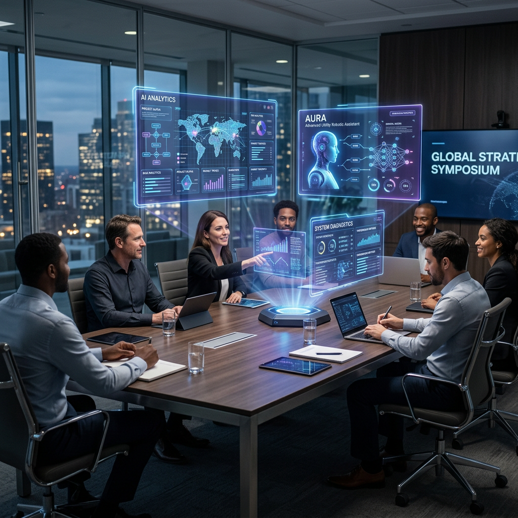 Business team discussing AI analytics and system diagnostics using holographic displays in a modern office